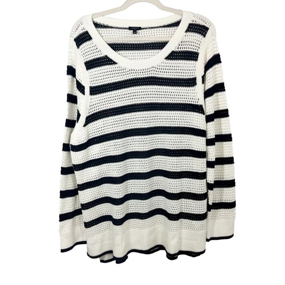 Talbots Black & White Open Knit Striped Long Sleeve Sweater Top Beach Size 2X - Picture 1 of 7